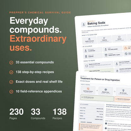 Promotional graphic for Prepper's Chemical Survival Guide, showing a dark olive-green background with large white and orange text, feature bullet points, and two angled screenshots of the guide's pages.
