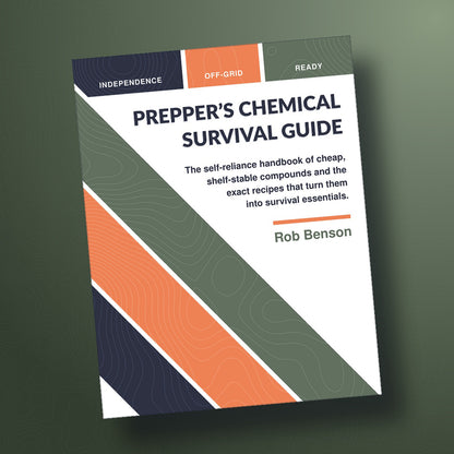 A book cover for 'Prepper's Chemical Survival Guide' by Rob Benson, displayed at an angle against a dark olive green background. The cover features a white background with diagonal stripes in dark navy blue, muted green, and orange, with top labels reading 'INDEPENDENCE', 'OFF-GRID', and 'READY'.
